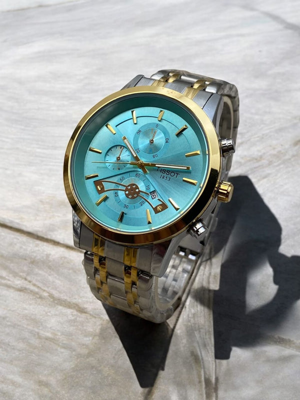 Tissot 1853 Chronograph Men's Watch – Turquoise Blue Dial | Two-Tone Gold & Silver Stainless Steel