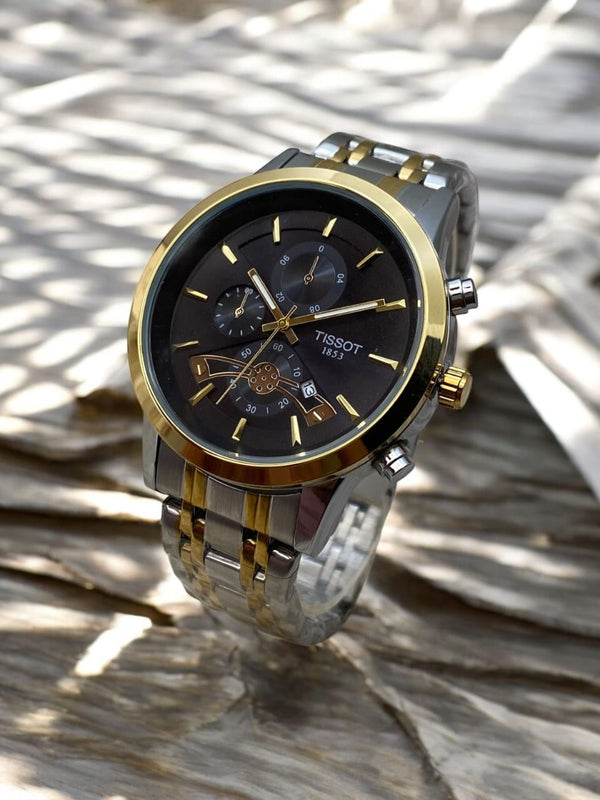 Tissot 1853 Chronograph Men's Watch – Black Dial | Two-Tone Gold & Silver Stainless Steel
