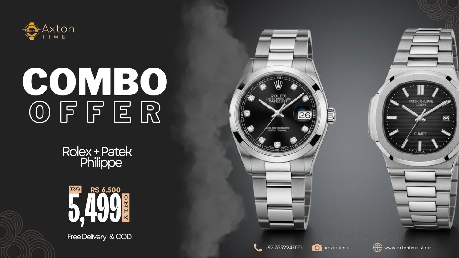 Two silver watches with a black face on a dark background, featuring Axton Time branding and combo offer details.